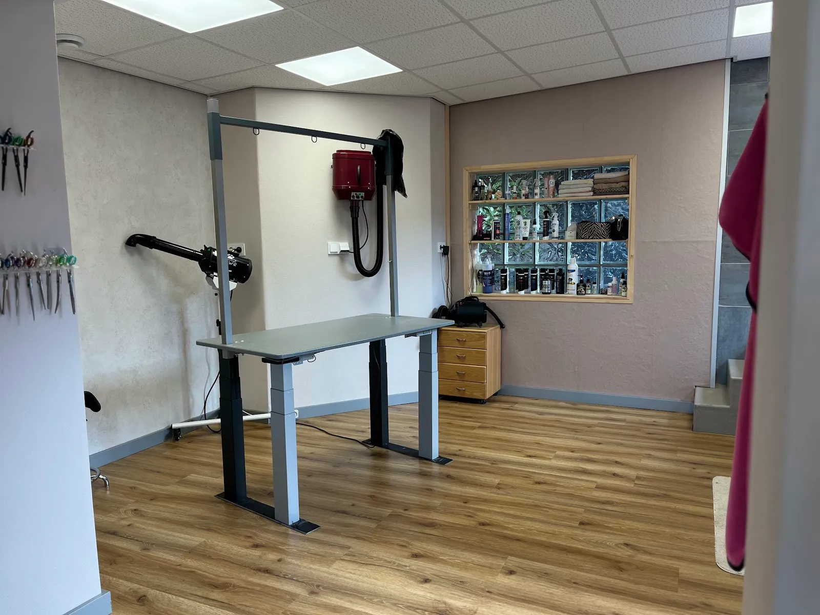 Sauberer Behandlungsraum im Hundesalon FurFabz mit hydraulischem Schertisch und professionellem Trockner