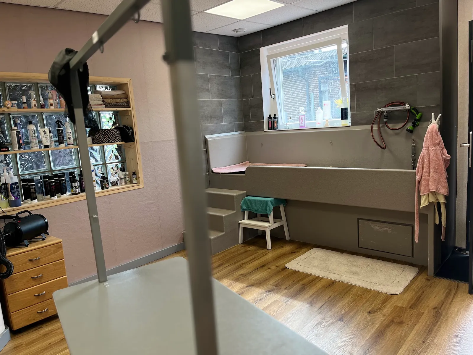 Erhöhte Hundebadewanne im Hundesalon FurFabz mit Treppenaufstieg